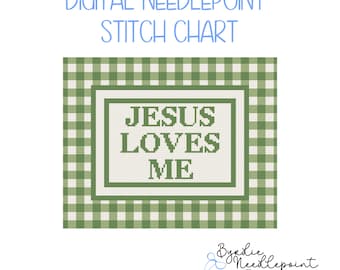 Jesus Loves Me Green Gingham Digital Needlepoint Chart| Nursery Pattern | Digital Download | 13 mesh