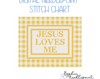 Jesus Loves Me Yellow Gingham Digital Needlepoint Chart| Nursery Pattern | Digital Download | 13 mesh