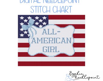 Gráfico de bordado em ponto cruz "All-American Girl Coquette" | Download digital | Padrão de bordado em ponto cruz com bandeira americana e laço | Decoração EUA | Gráfico de 13 pontos