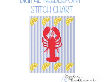 Lobster and Lemons Coastal Needlepoint| Cute Summer Needlepoint Pattern | Digital Download | Cape Cod Needlepoint | 18 mesh chart