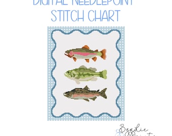 Gone Fishing Needlepoint Chart | Preppy Needlepoint Pattern | Digital Download | Fish Chart | 13 mesh chart
