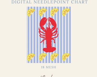 May include: A digital needlepoint chart featuring a red lobster centered on a light blue and white vertical striped background, surrounded by yellow lemon slices. The text reads DIGITAL NEEDLEPOINT CHART, 18 MESH, and Byrdie NEEDLEPOINT.