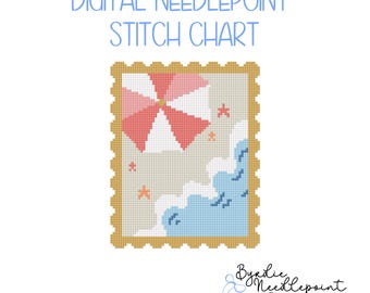 Patrón de bordado con sello de playa / Gráfico de puntadas de verano / Descarga digital / Gráfico de 18 mallas