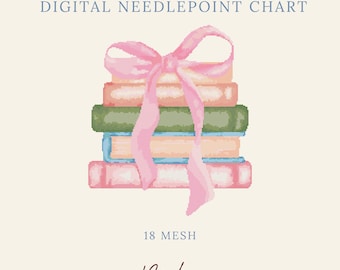 May include: A digital needlepoint chart featuring a stack of four books tied with a pink ribbon. The books are colored in shades of peach, green, and blue. The text reads DIGITAL NEEDLEPOINT CHART, 18 MESH, and the brand name Byrdie Needlepoint.
