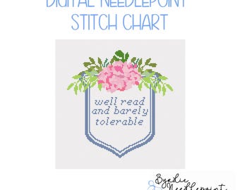Funny Needlepoint Pattern | Well Read, Barely Tolerable (Digital Download), 13 Mesh