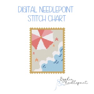 Puede incluir: Gráfico de punto de cruz digital que presenta una escena de playa con una sombrilla roja y blanca, olas y estrellas de mar. El diseño está enmarcado con un borde dorado e incluye el texto "Digital Needlepoint Stitch Chart".