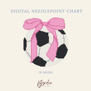May include: A digital needlepoint chart featuring a pixelated soccer ball graphic adorned with a large pink bow. The text reads DIGITAL NEEDLEPOINT CHART, 18 MESH, and Byrdie NEEDLEPOINT. The design uses a grid pattern with black and white segments.