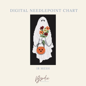 May include: A digital needlepoint chart featuring a pixelated white ghost on a black background. The ghost holds a bouquet of colorful flowers and an orange jack-o'-lantern bucket. Text reads DIGITAL NEEDLEPOINT CHART, 18 MESH, and Byrdie.