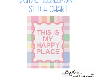 This Is My Happy Place Needlepoint| Cute pastel plaid Needlepoint Pattern | Digital Download | Cute Stitch Chart | 18 mesh chart