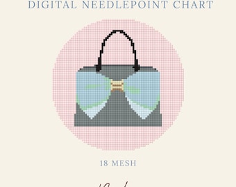 May include: A digital needlepoint chart for 18 mesh canvas featuring a pixelated gray handbag with a large light blue bow and a black handle. The text reads DIGITAL NEEDLEPOINT CHART, 18 MESH, and the brand name Byrdie Needlepoint at the bottom.