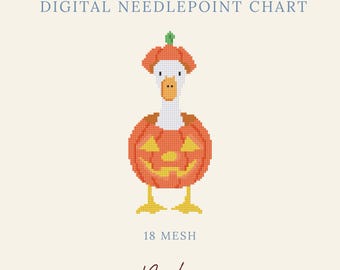 May include: A digital needlepoint chart featuring a pixelated white goose wearing an orange pumpkin costume with a green stem on its head. The design includes the text "DIGITAL NEEDLEPOINT CHART", "18 MESH", and the brand name "Byrdie NEEDLEPOINT".