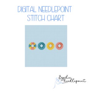 Peut inclure: Diagramme de point de croix numérique avec quatre motifs circulaires colorés. Les motifs sont dans les tons de rose, jaune, sarcelle et un motif multicolore. Le texte "Digital Needlepoint Stitch Chart" est en haut, avec une signature en bas.