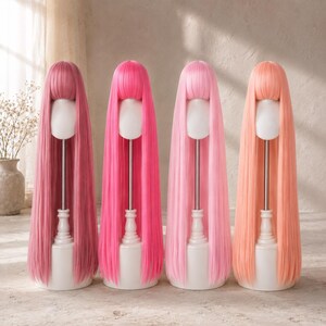 Peluca de cosplay, peluca de escena, peluca emo, peluca drag, peluca de anime, peluca rosa, peluca rosa, peluca de disfraz, 59 pulgadas // 150 cm