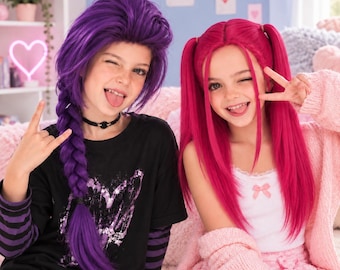 May include: A vibrant purple wig styled in a long side braid and a bright pink wig styled in high pigtails with loose strands. The purple wig features voluminous top layers, while the pink wig has straight hair with a centre part and bangs.