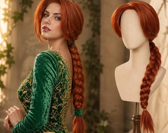 Princess Fiona Inspired Wig – Long Auburn Red Braided Cosplay Wig, Medieval Princess Costume Hair, Halloween Fantasy Wig for Women