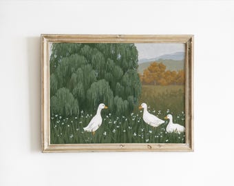 Silly Goose UNFRAMED fine art print, whimsical autumn cottagecore wall art duck painting