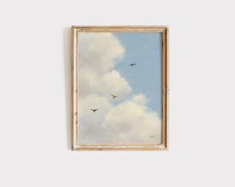 Cloudscape Art Print: Impressionist Sky Painting, Vintage Cottagecore Style (Unframed)