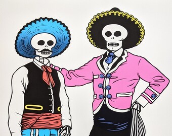 Vaqueros Mexican Cowboys Day of the Dead linocut print