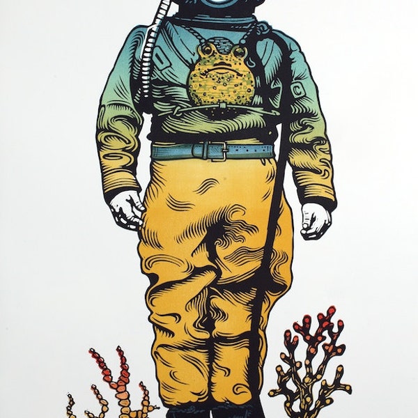 Deep Sea Diver linocut original relief print