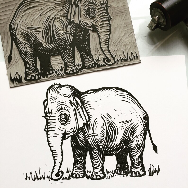 Elephant original linocut print