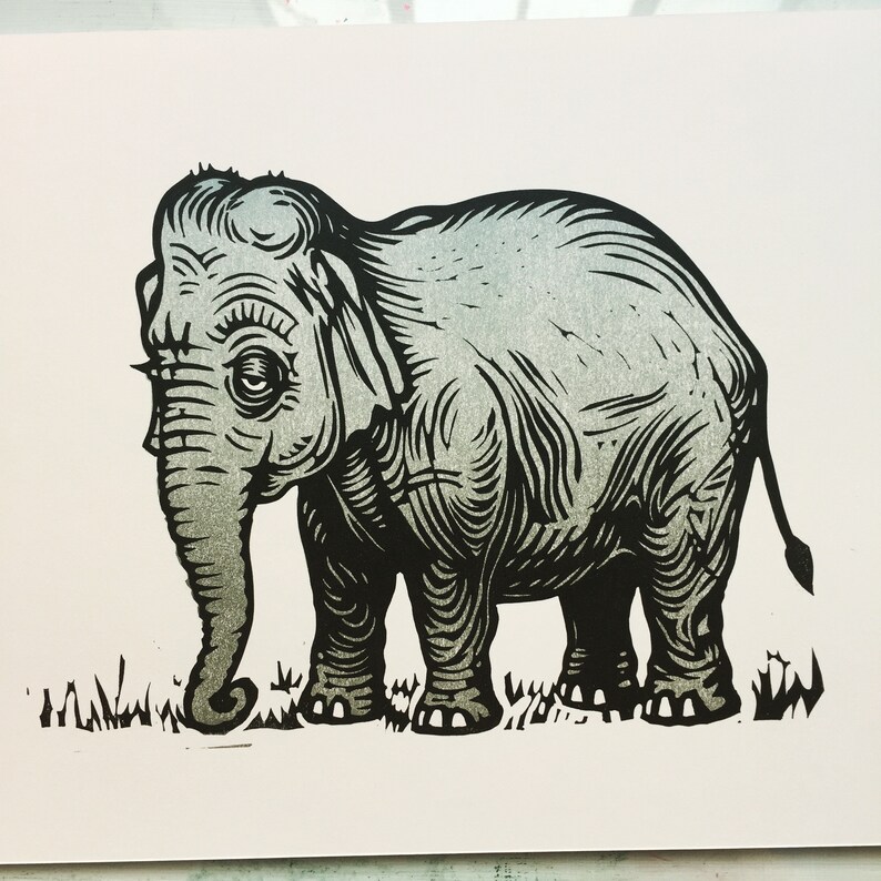 Elephant original linocut print