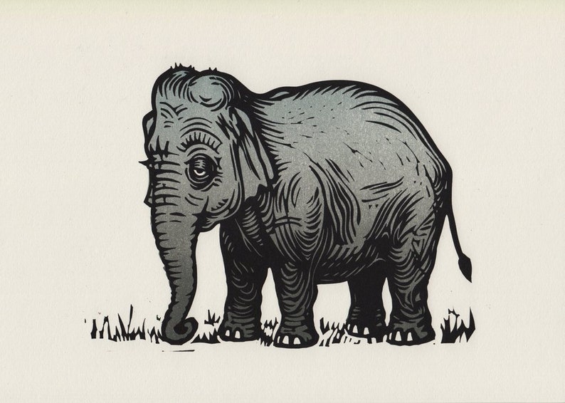 Elephant original linocut print