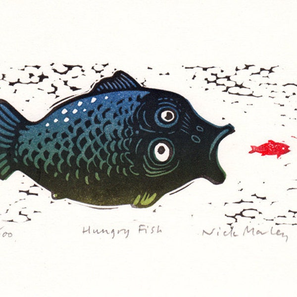 Linocut relief print Hungry Fish limited edition original hand-pulled print