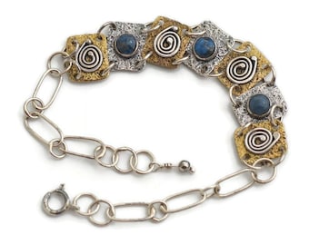 Handmade Vintage Mixed Metal lapis Bracelet unique artisan Link Bracelet boho bohemian Jewelry Layering abstract bracelet handcrafted gift