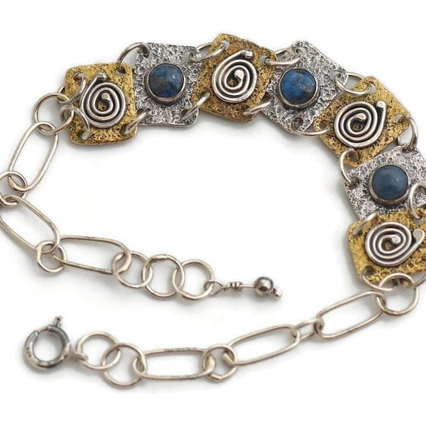 Handmade Vintage Mixed Metal lapis Bracelet unique artisan Link Bracelet boho bohemian Jewelry Layering abstract bracelet handcrafted gift