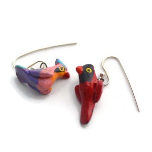 Vintage small bird earrings wooden hand carved painted colorful bird dangle earrings nature inspired boho jewelry lightweight artisan birds