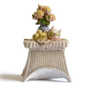 Vintage Miniature Wicker Table Set, Dollhouse Furniture with Tea Set & Flowers, Cottagecore Mini Decor, trinket box