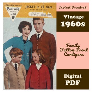 Può includere: Un modello di maglieria vintage degli anni '60 per cardigan con bottoni per tutta la famiglia. La copertina presenta illustrazioni di quattro persone che indossano cardigan in maglia color ottanio, marrone, beige e rosso. Testo: "JACKET in 12 sizes".