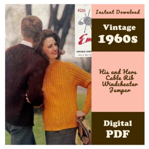 Peut inclure: Un patron de tricot PDF numérique pour un pull à côtes torsadées des années 1960. La couverture montre deux personnes portant des pulls à manches longues, l'un marron foncé et l'autre jaune moutarde. Le texte inclut 4251, Instant Download, Vintage 1960s, et His and Hers Cable Rib Windcheater Jumper.