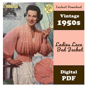 May include: A vintage 1950s knitting pattern for a lace bed jacket. The cover features a person wearing a pink, long-sleeved, lace-knit jacket with a ribbed waist and button closure. Text includes Marriner's Heritage Cradlewool and Digital PDF.