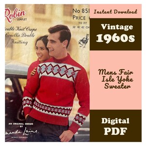 May include: A vintage 1960s knitting pattern leaflet for a red sweater with a Fair Isle yoke design. The cover features a person wearing the red sweater with a geometric pattern in blue, white, and black across the chest and cuffs. Text includes Robin Leaflet, No 851, Double Knit Crepe, Conella Double Knitting, and An Original Design by Amanda Laine.