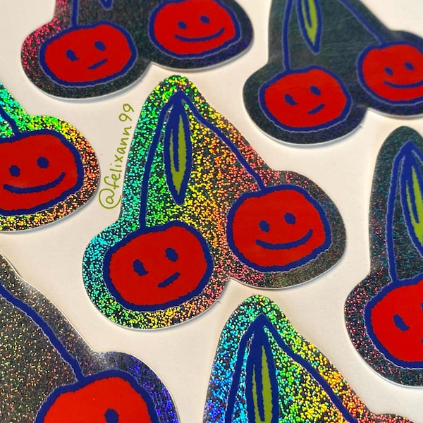 Holographic Cherries Waterproof Vinyl Sticker: Laptop Decal