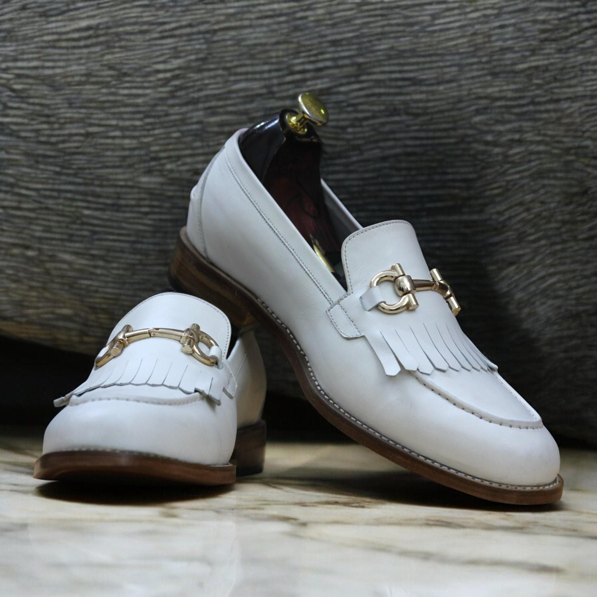 Buckle White Loafer Shoes Mens Men's Handmade White Horse Bit