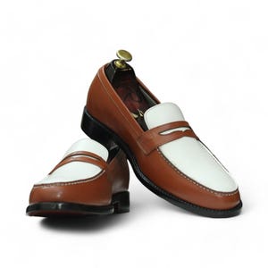 Men's Brown and White Penny Loafers | Stylish Leather Footwear | Men's Slip-On Loafers | Handmade Stylish Leather Footwear | Gift For Him