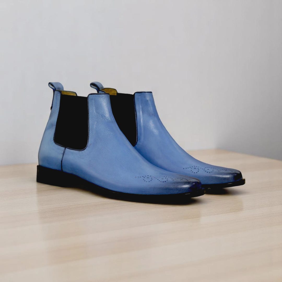 Men Hand Crafted Blue Chelsea Boots | Genuine Leather Ankle Boots ...