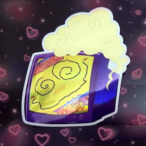 Puede incluir: Una pegatina con un ordenador retro morado con una pantalla amarilla que muestra líneas en espiral y el texto "ERROR! I LOVE YOU." Una nube amarilla con forma de corazón está encima del ordenador. El fondo es oscuro con corazones rosas.