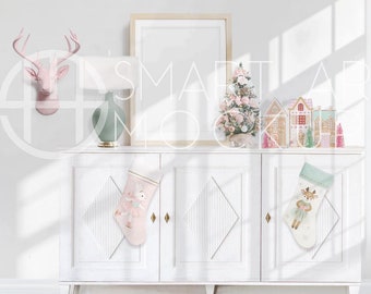Vertical Frame Mockup, Christmas Frame Mockup, White Poster Frame Mockup, Pink Christmas Room Mockup, 4:5 Ratio Mockup, Christmas Mockups