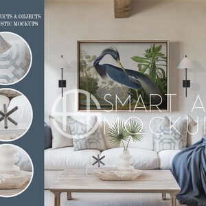Close-Up of Coastal Decor Elements in Beach House Living Room Frame Mockup: Close-up details show a coastal wood table and linen sofa with a blank frame, ideal for creators to display artwork in a refined, beach-inspired setting.