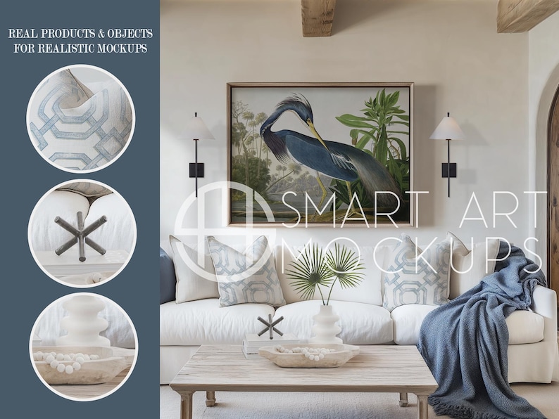Close-Up of Coastal Decor Elements in Beach House Living Room Frame Mockup: Close-up details show a coastal wood table and linen sofa with a blank frame, ideal for creators to display artwork in a refined, beach-inspired setting.