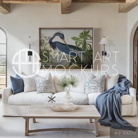 Coastal Living Room Mockup, Beach House Mockup, Blue Room Mockup, Horizontal Frame Mockup, Canvas Frame Mockup, Neutral Living Room Mockup