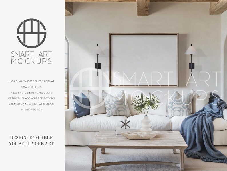 Neutral Coastal Living Room Mockup: An airy beach-inspired room with a white linen sofa and rustic wooden table. Blue accents add a seaside feel, a wood blank canvas frame is perfect for inserting coastal, ocean inspired or abstract artwork.