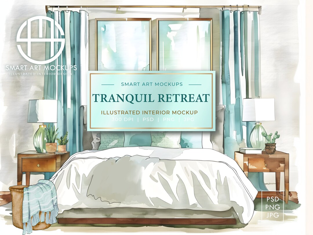 2 Frames Mockup Illustrated Aqua Blue Bedroom Interior Design Mock Ups ...
