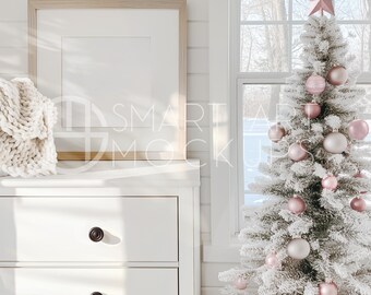 Maqueta de marco de dormitorio de Navidad blanca, maqueta neutra, maqueta de habitación de estilo rústico, maqueta de marco de madera cuadrado, maqueta de Navidad rosa, plantilla PSD