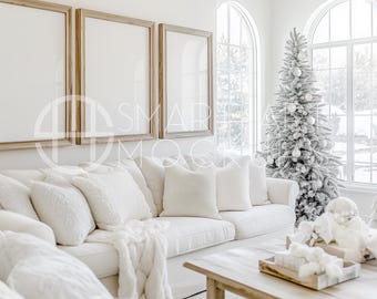 White Christmas Living Room Frame Mockup, Neutral Mockup, Farmhouse Room Mockup, Set of 3 Frames, Wood Frames Mockup, Christmas Room Mockup