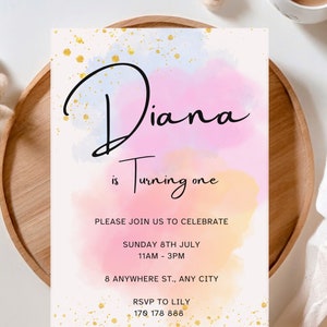 Kids Baby Rainbow Printable Editable Watercolor Gold Glitter Sprinkles Birthday Invitation Canva Template, Cute Girly Color Digital Download