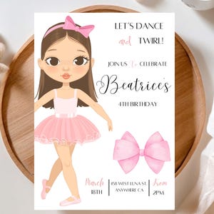 Sofortiger Download Bearbeitbare süße Ballerina Geburtstagsfeier-Einladung DIY Ballett-Thema Party Mädchen-Baby-Geburtstags-Einladung Digitale Vorlage